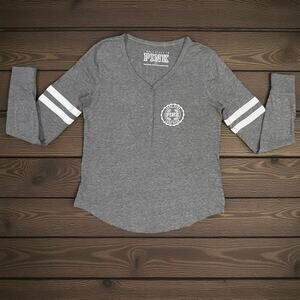 PINK Victoria's Secret Gray V-Neck Long Sleeve Lounge Shirt Striped Sleeves Sz S